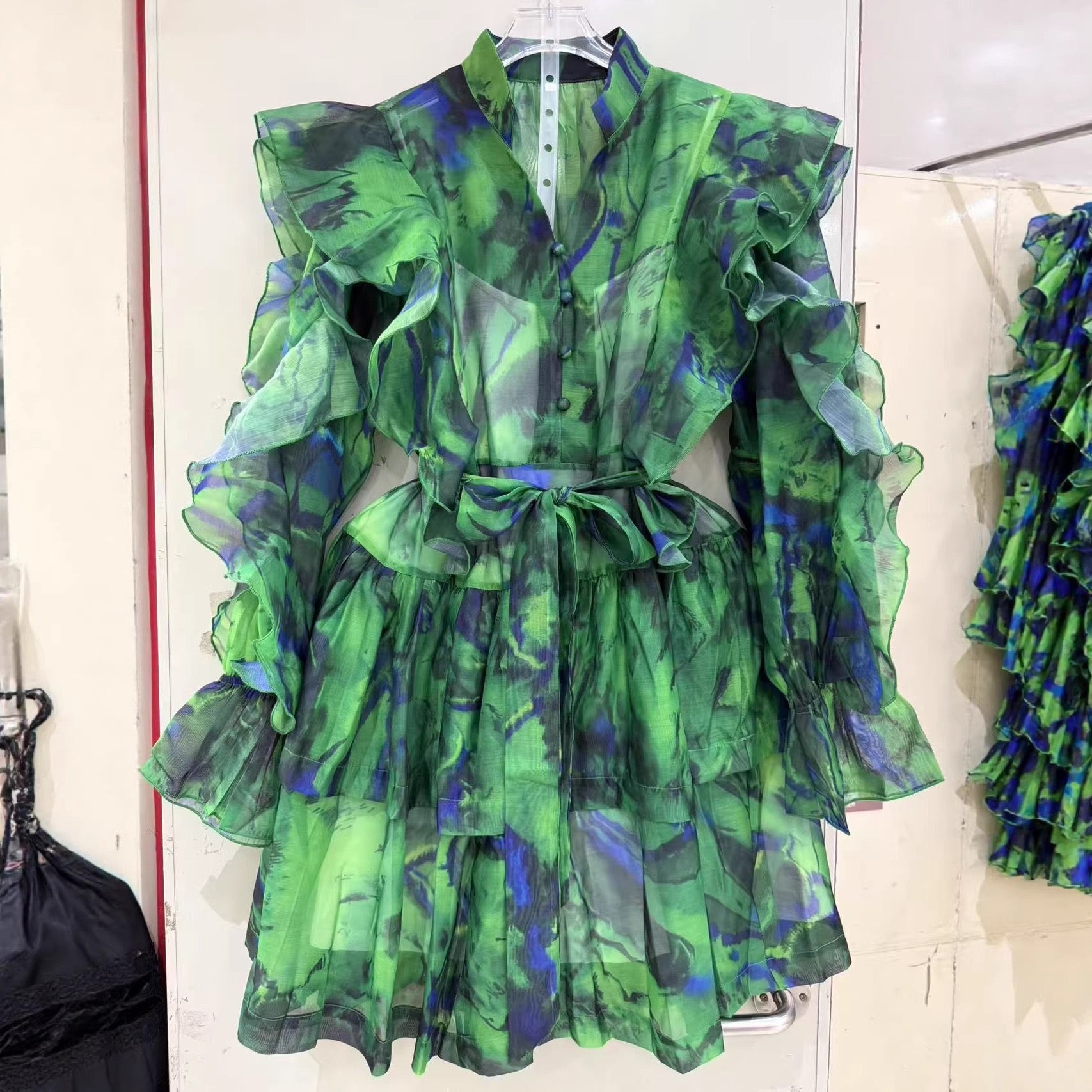 Tie waist flared lantern dress