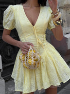 Tie sexy embroidery short dress