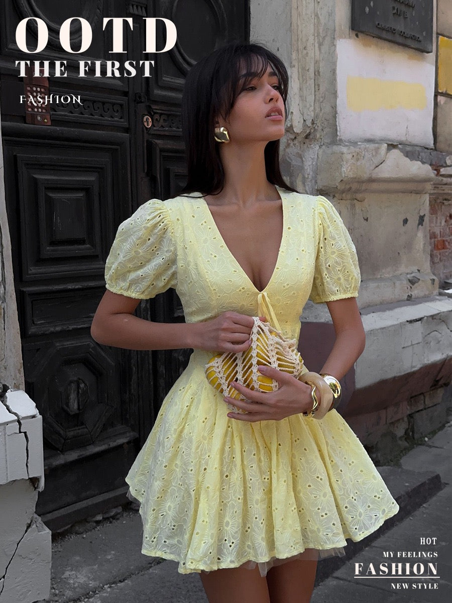 Tie sexy embroidery short dress