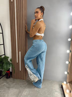 Wide leg pants with rhinestone heart design