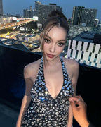 Halter rhinestone asymmetrical high slit dress