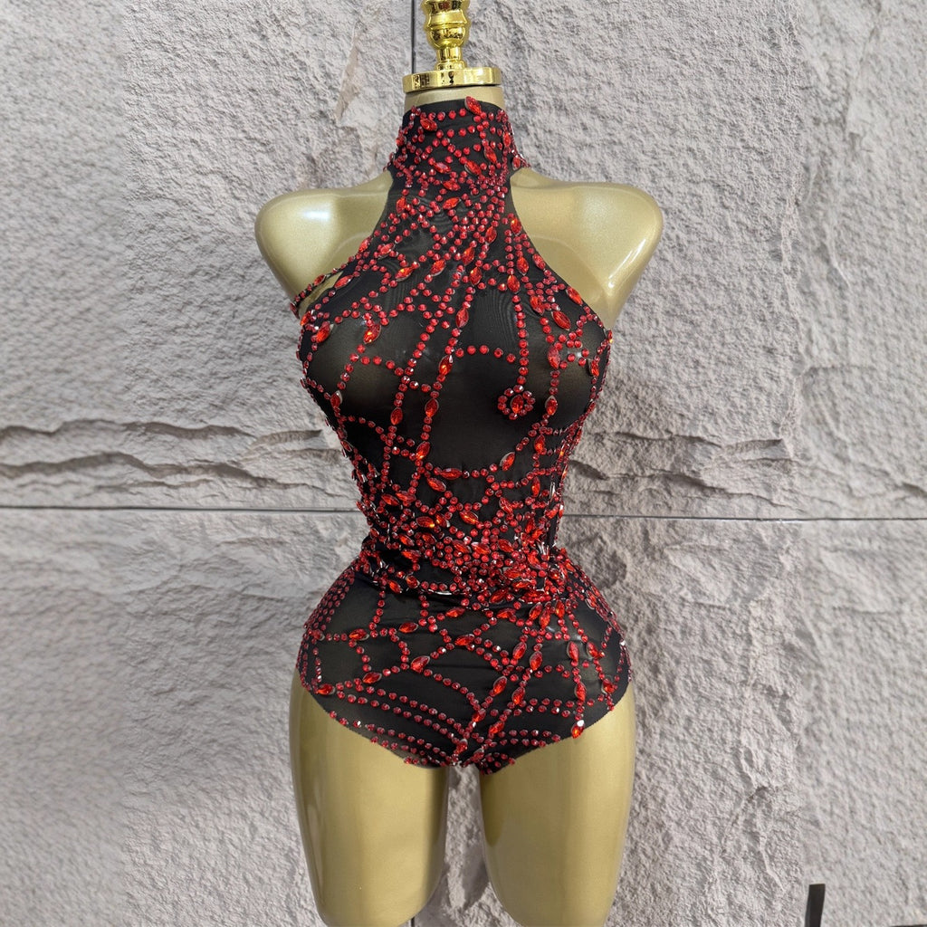 Sexy halterneck casual diamond mesh bodysuit