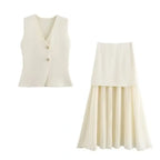 Elegant Plum Two-Piece Set – Sleeveless Button Vest & Pleated Midi Skirt