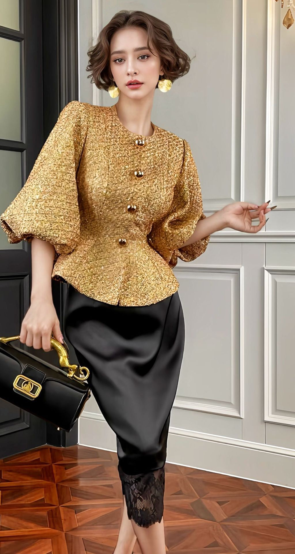 Metallic puff sleeves jacket