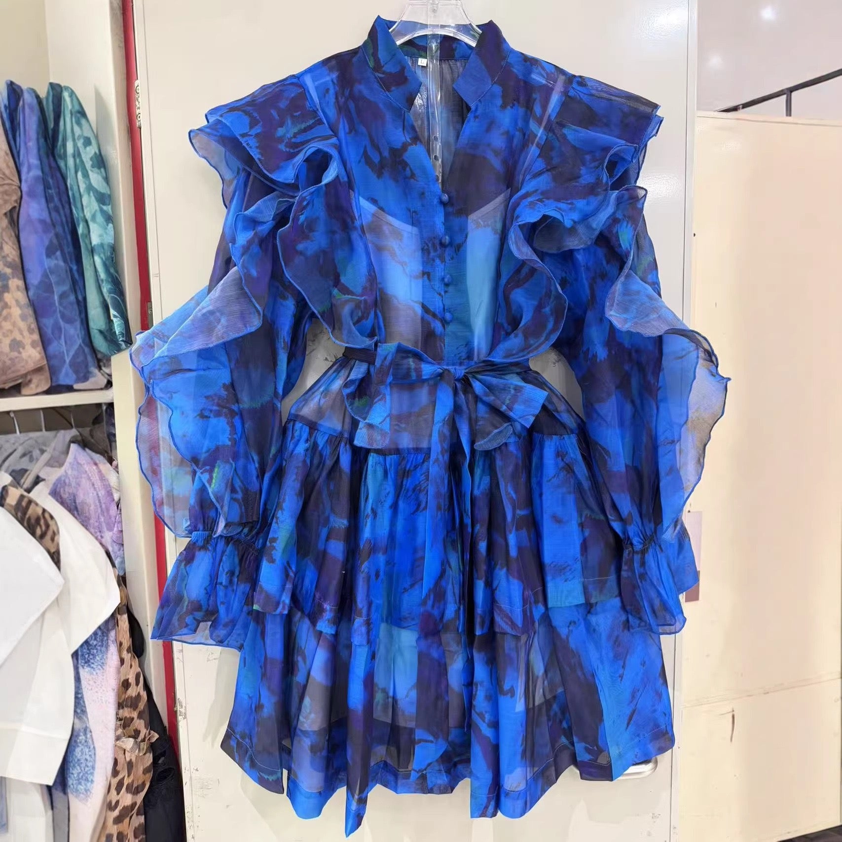 Tie waist flared lantern dress