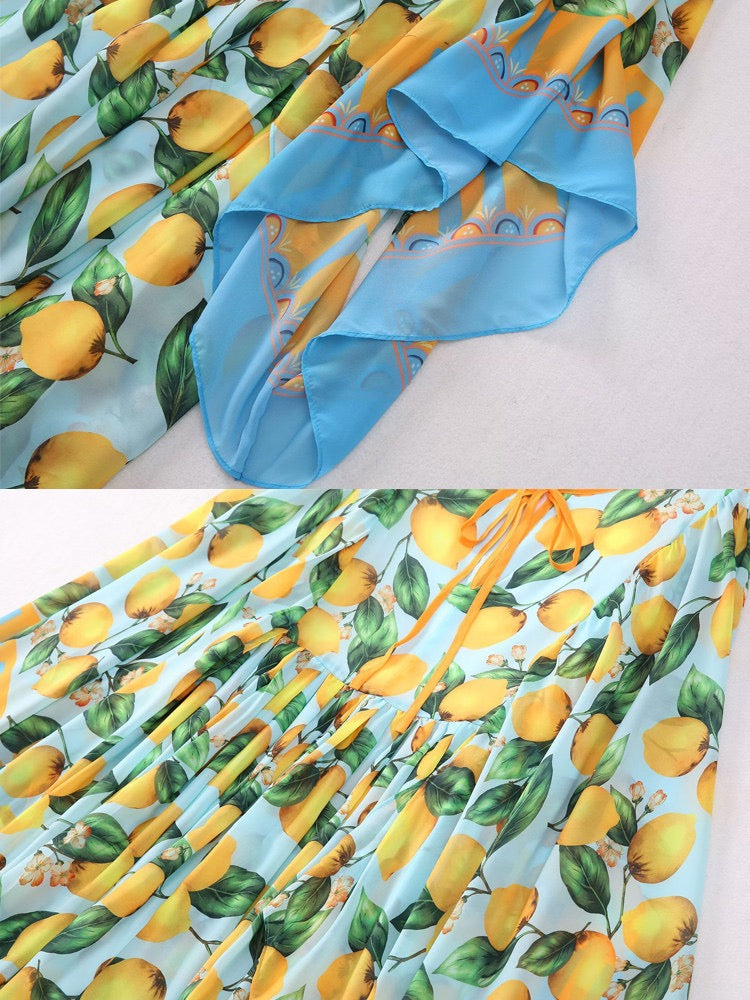 High end lemon print long dress