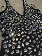 Halter rhinestone asymmetrical high slit dress