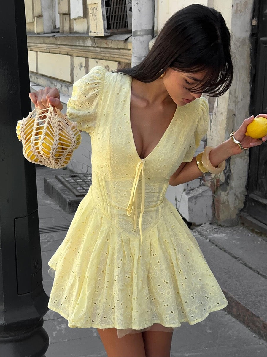 Tie sexy embroidery short dress
