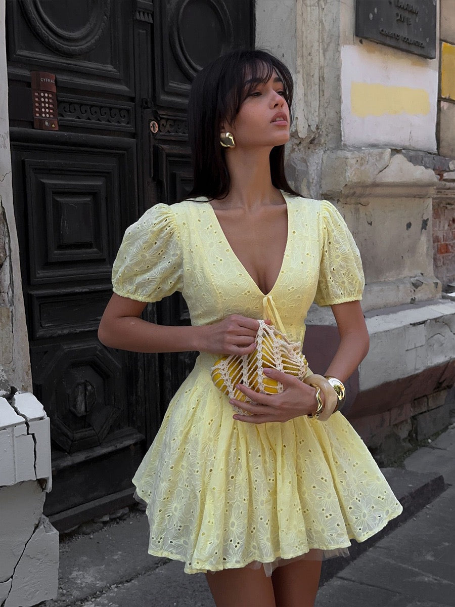 Tie sexy embroidery short dress
