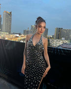 Halter rhinestone asymmetrical high slit dress