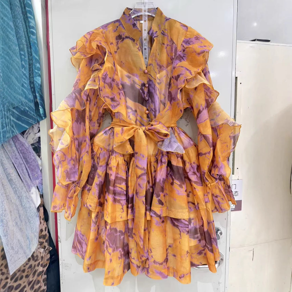 Tie waist flared lantern dress