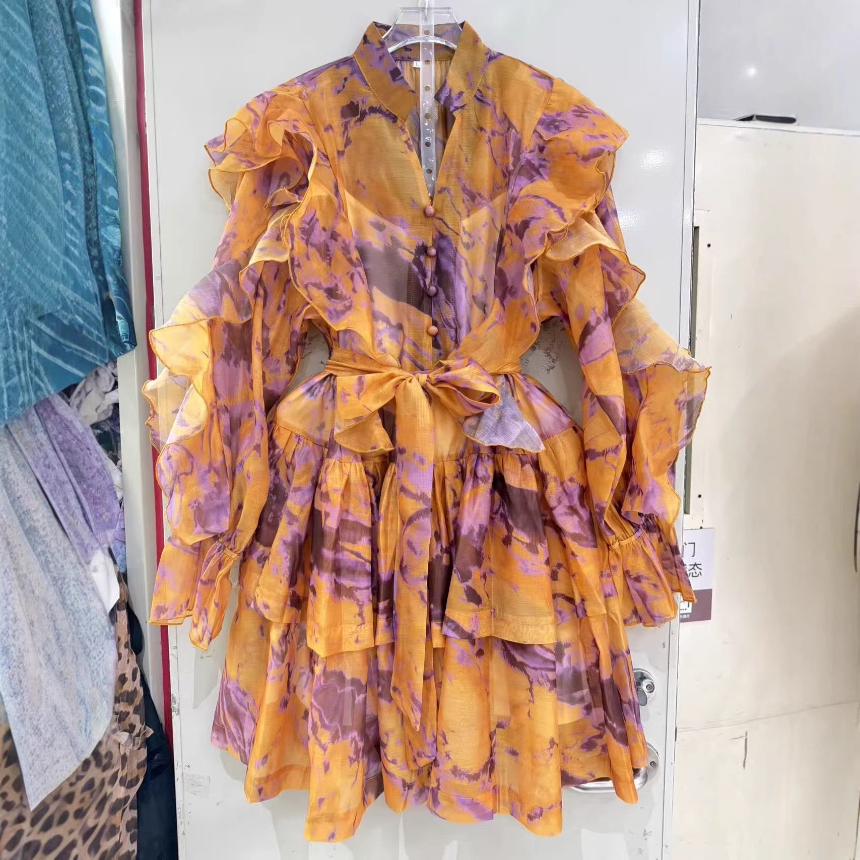 Tie waist flared lantern dress