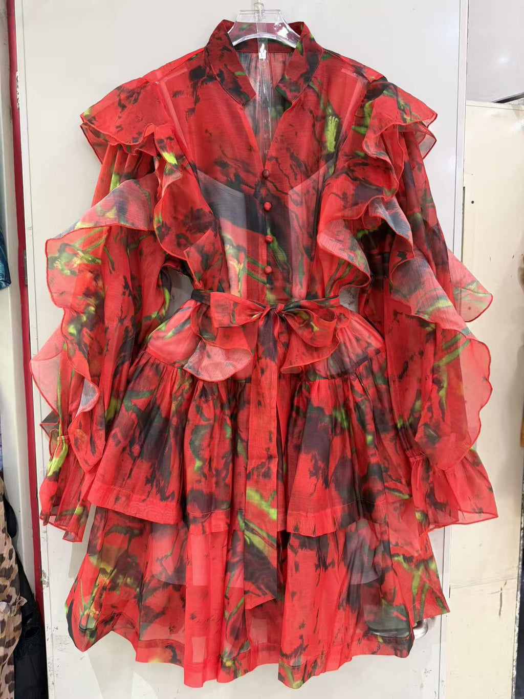 Tie waist flared lantern dress