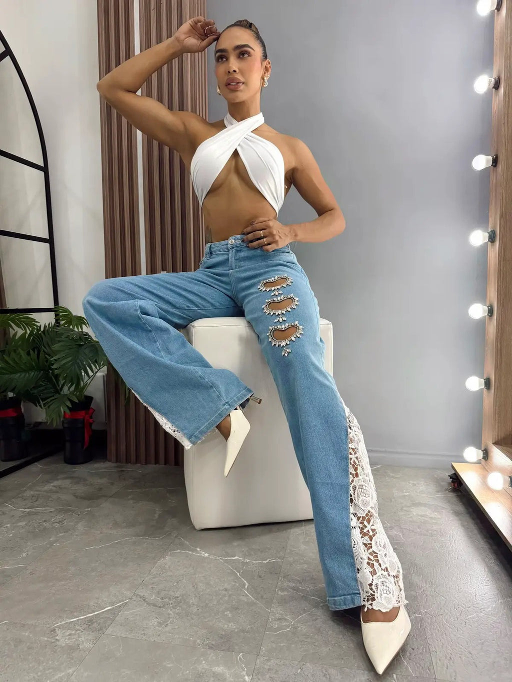 Wide leg pants with rhinestone heart design