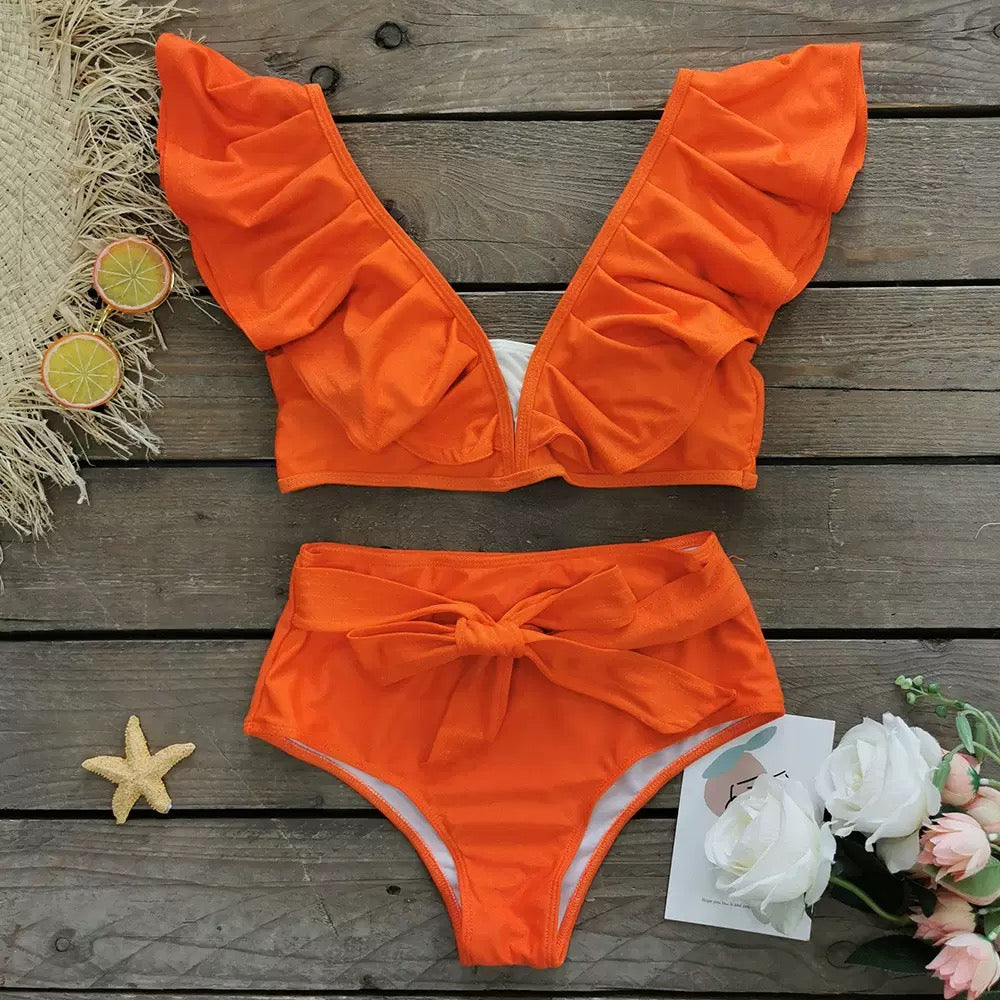 Stitching and ruffled edges bikini
